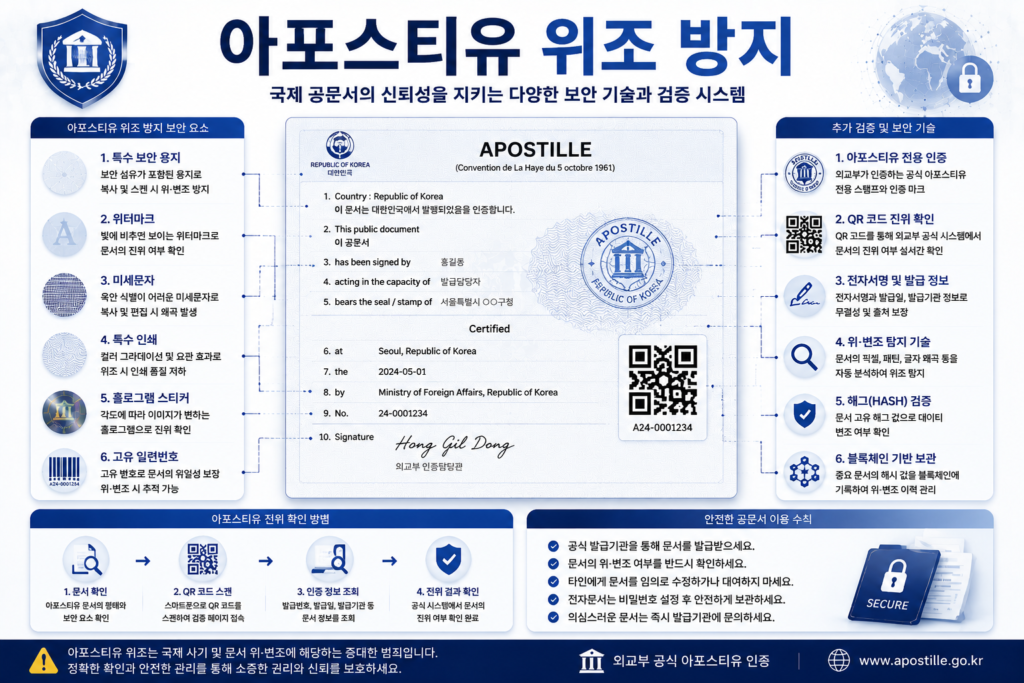 아포스티유 위조 방지를 위한 워터마크 QR코드 전자인증 홀로그램 보안 기술 인포그래픽 이미지