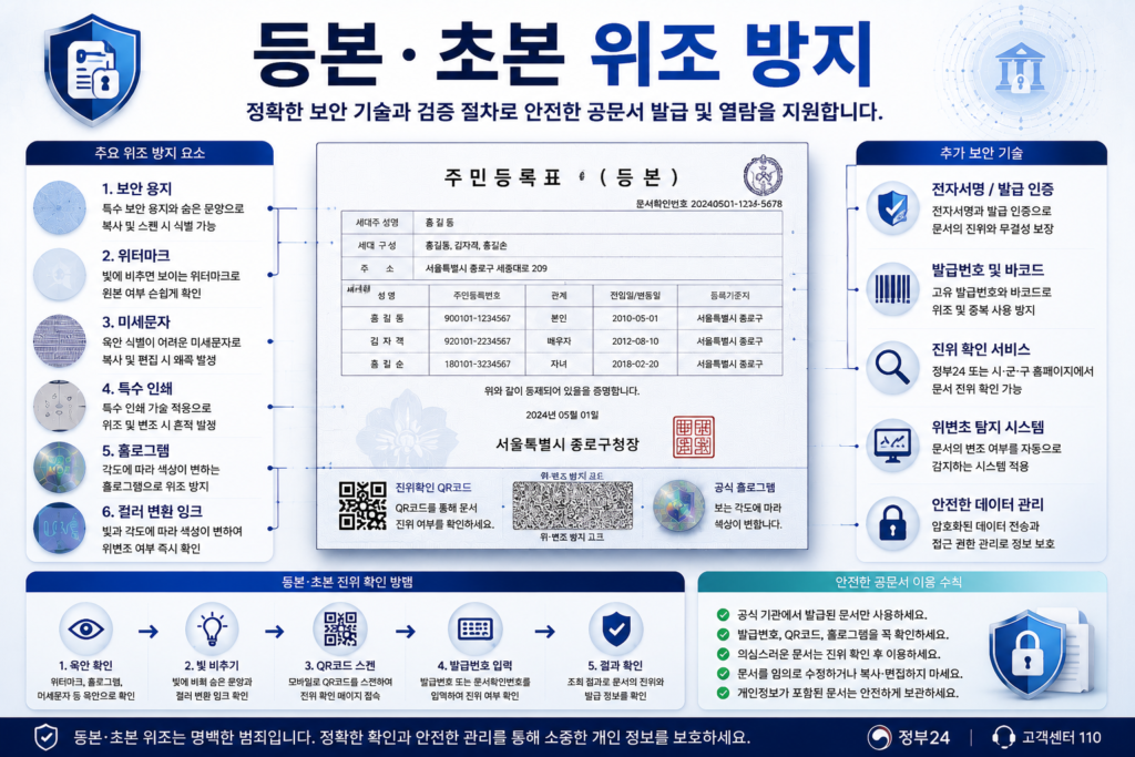 등본 초본 위조 방지를 위한 워터마크 미세문자 QR검증 보안 기술 인포그래픽 이미지