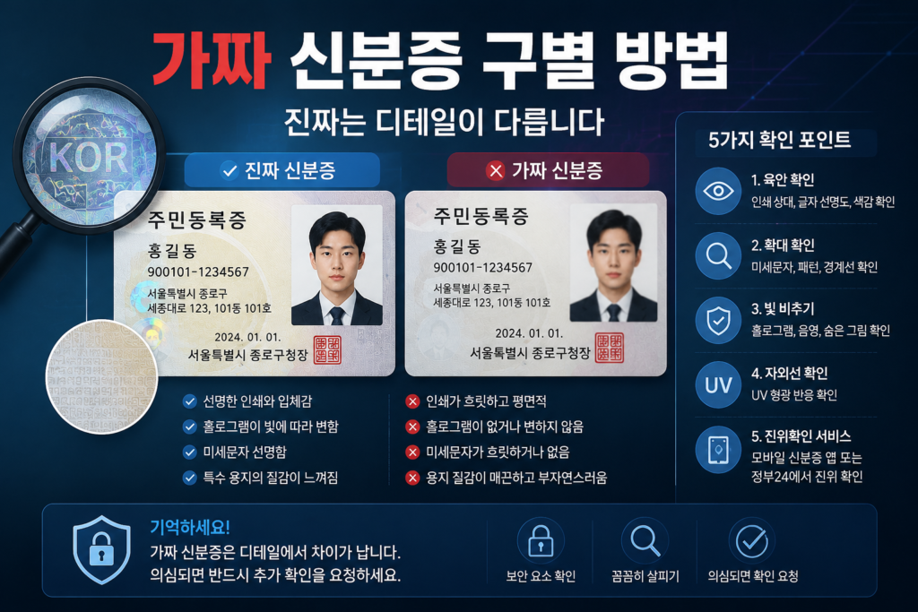 가짜 신분증 구별 방법을 설명하는 진짜와 가짜 신분증 비교 보안 이미지