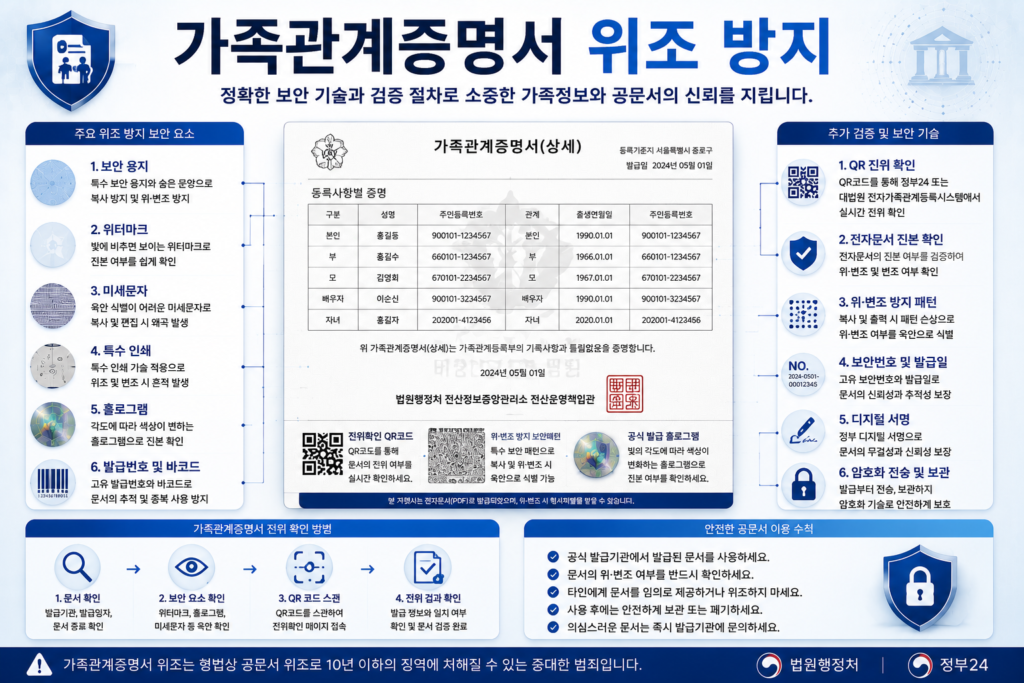 가족관계증명서 위조 방지를 위한 워터마크 미세문자 QR검증 전자문서 보안 기술 인포그래픽 이미지