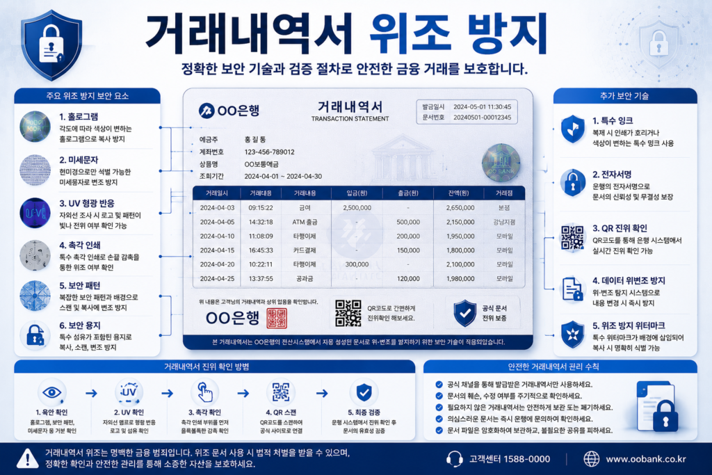 거래내역서 위조 방지를 위한 워터마크 전자서명 QR검증 보안 기술 인포그래픽 이미지