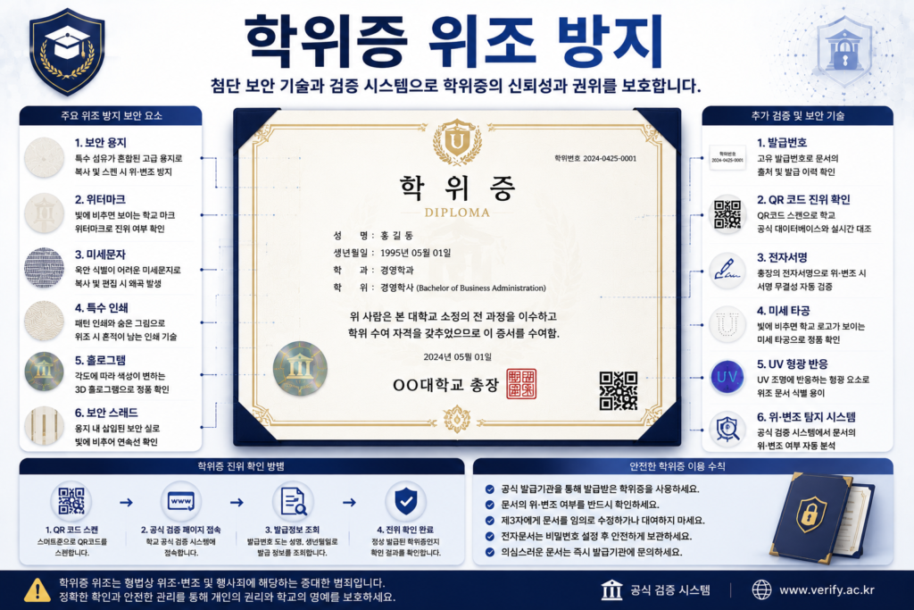 학위증 위조 방지를 위한 워터마크 홀로그램 QR 검증 전자서명 보안 기술 인포그래픽 이미지