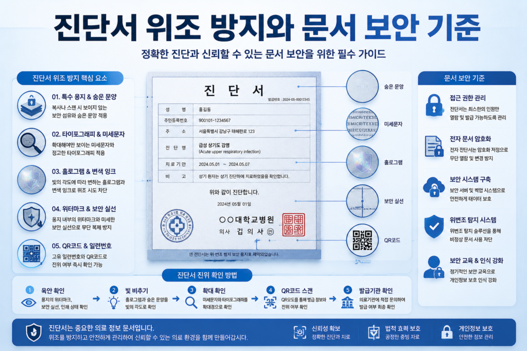 진단서 위조 방지와 문서 보안 기준을 설명하는 워터마크 QR코드 홀로그램 보안 인포그래픽 이미지
