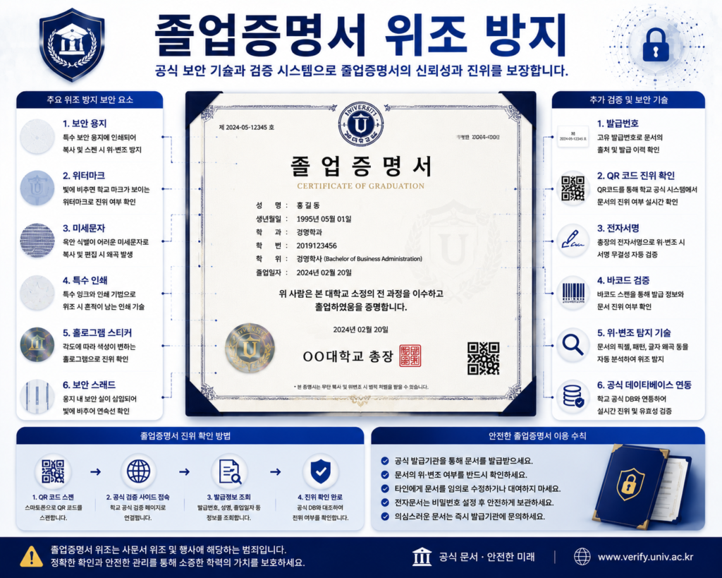 졸업증명서 위조 방지를 위한 워터마크 홀로그램 QR코드 전자 검증 보안 기술 인포그래픽 이미지