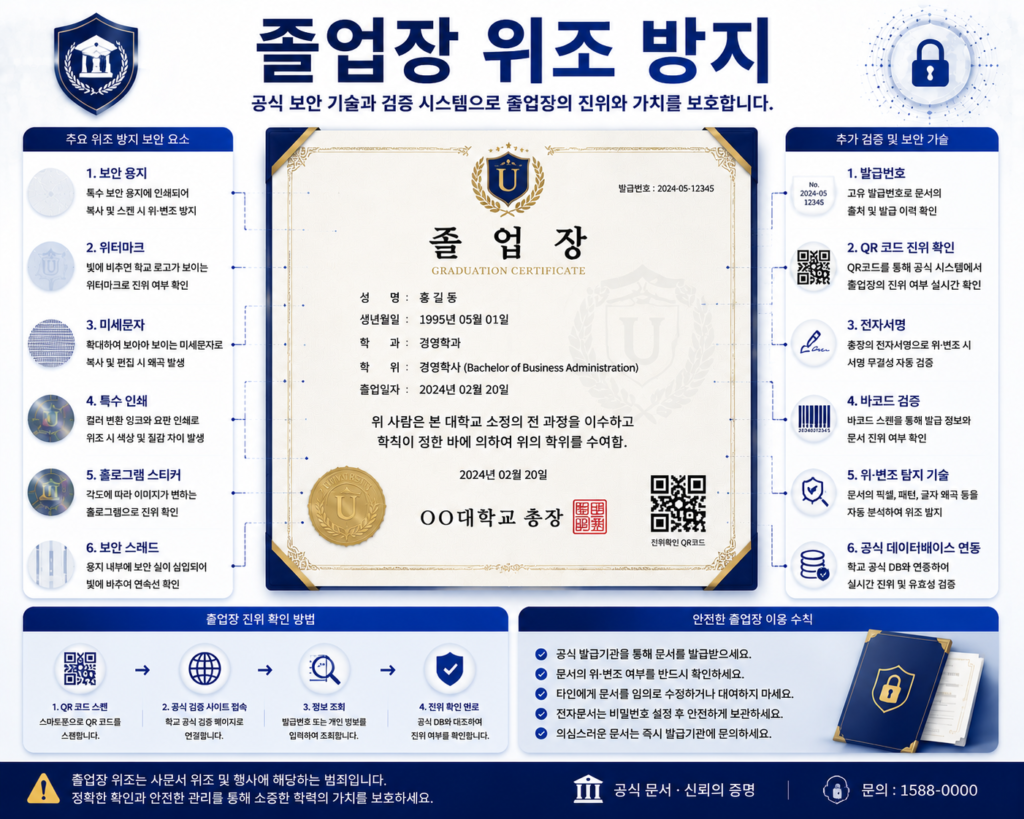 졸업장 위조 방지를 위한 워터마크 홀로그램 QR코드 전자 검증 보안 기술 인포그래픽 이미지