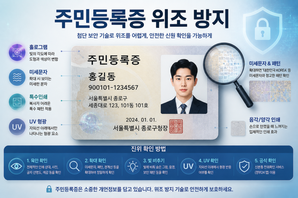 주민등록증 위조 방지를 위한 홀로그램 미세문자 UV 보안 기술 인포그래픽 이미지