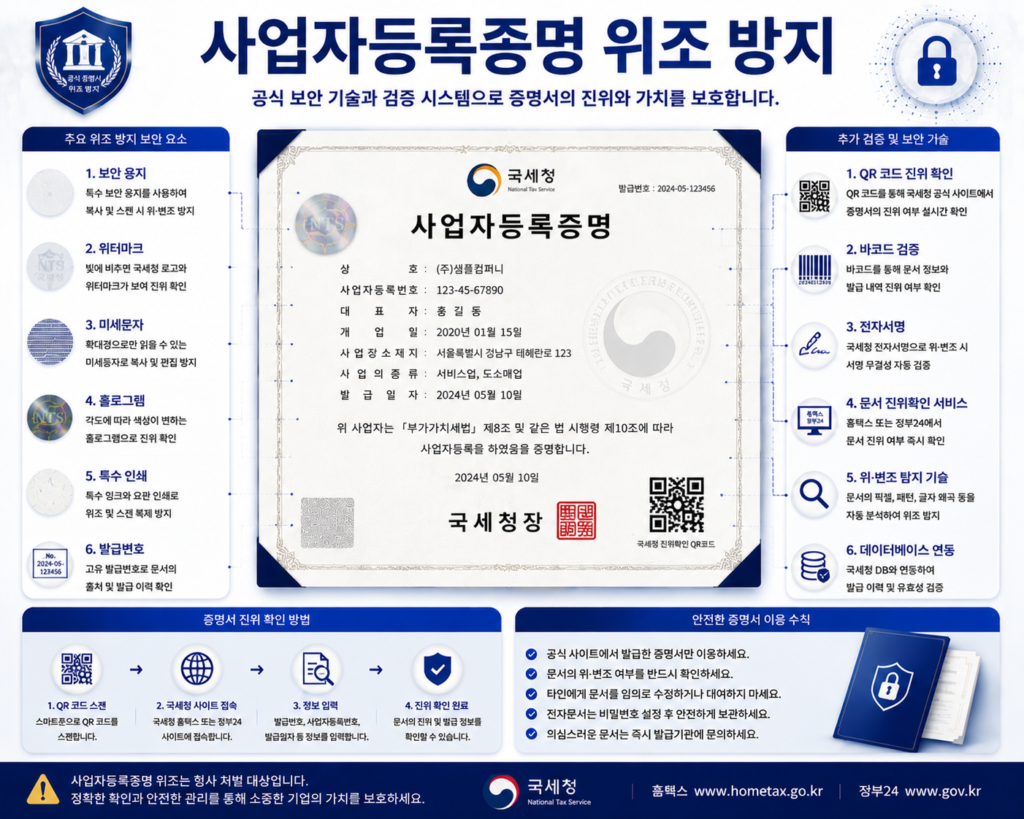 사업자등록증명 위조 방지를 위한 워터마크 홀로그램 QR코드 전자 검증 보안 기술 인포그래픽 이미지