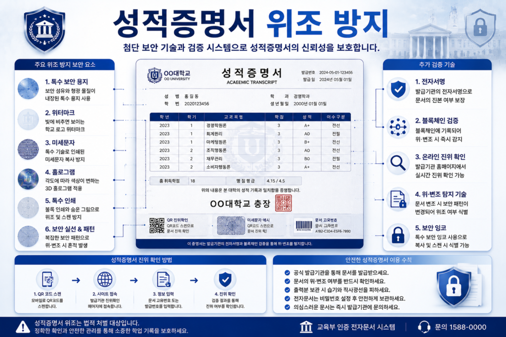 성적증명서 위조 방지를 위한 워터마크 미세문자 QR검증 전자서명 보안 기술 인포그래픽 이미지