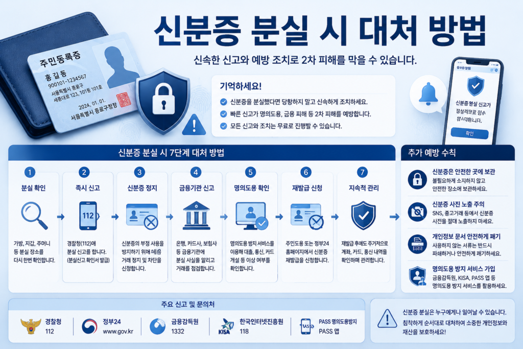 신분증 분실 시 대처 방법과 신고 재발급 절차를 설명하는 개인정보 보호 인포그래픽 이미지