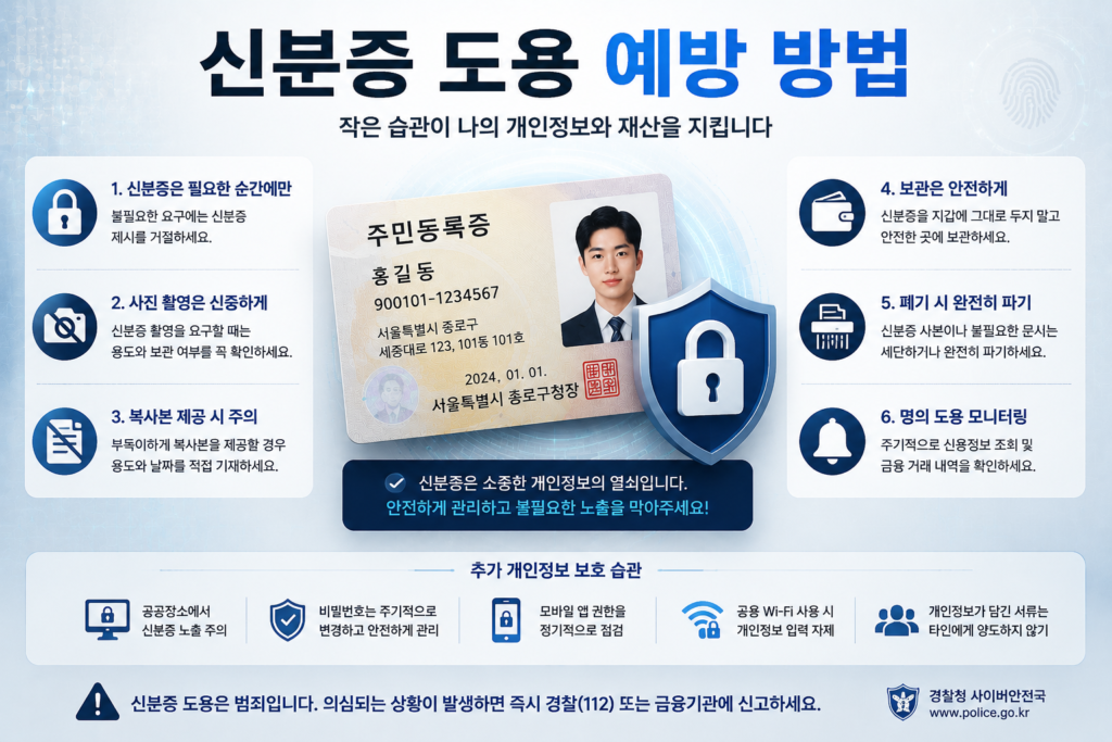 신분증 도용 예방 방법을 설명하는 개인정보 보호와 보안 관리 인포그래픽 이미지