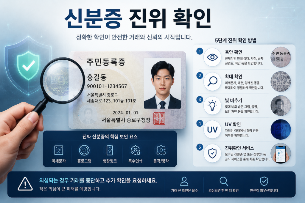 신분증 진위 확인 방법을 설명하는 돋보기와 보안 기술 인포그래픽 이미지