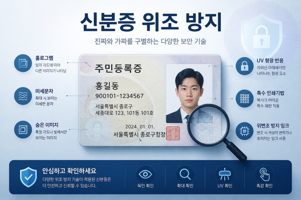 신분증 위조 방지를 위한 홀로그램 미세문자 UV 보안 기술 이미지