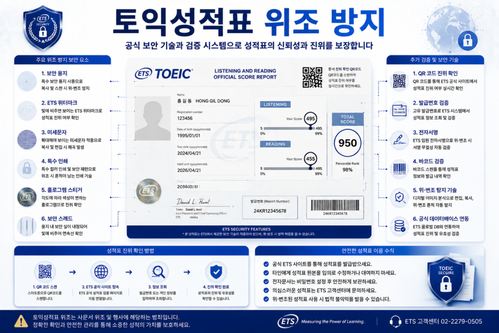 토익성적표 위조 방지를 위한 워터마크 QR코드 바코드 전자 검증 보안 기술 인포그래픽 이미지