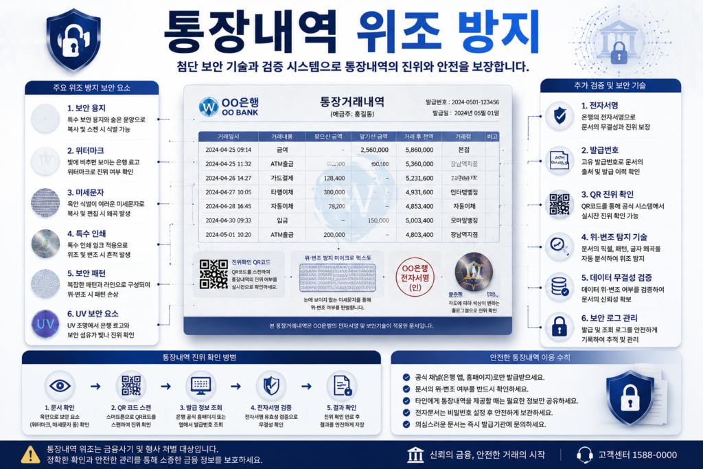 통장내역 위조 방지를 위한 워터마크 QR코드 전자서명 보안 기술 인포그래픽 이미지