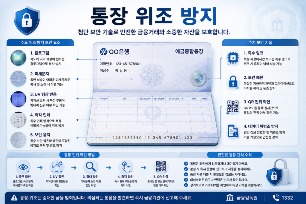 통장 위조 방지를 위한 홀로그램 미세문자 UV 보안 패턴 금융 문서 보안 인포그래픽 이미지