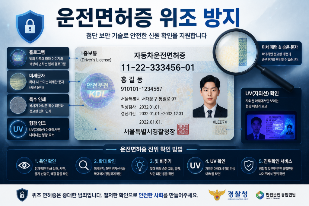 운전면허증 위조 방지를 위한 홀로그램 미세문자 UV 보안 기술 인포그래픽 이미지