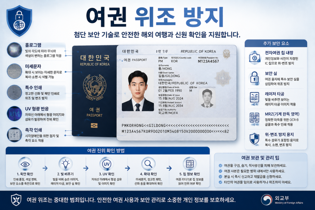 여권 위조 방지를 위한 홀로그램 미세문자 전자칩 UV 보안 기술 인포그래픽 이미지