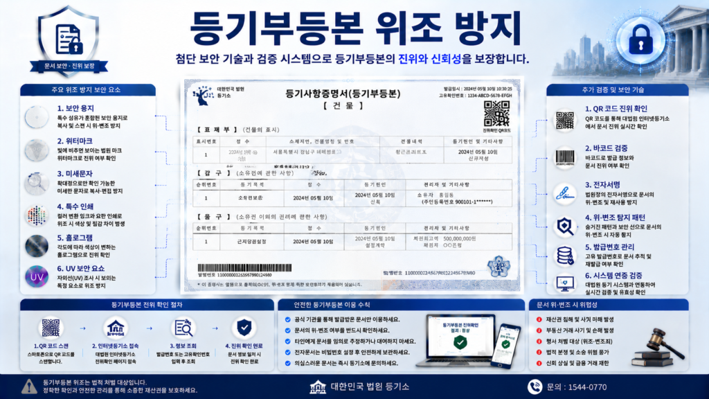 등기부등본 위조 방지를 위한 QR코드 전자검증 워터마크 발급번호 바코드 전자서명 문서보안 기술 인포그래픽 이미지