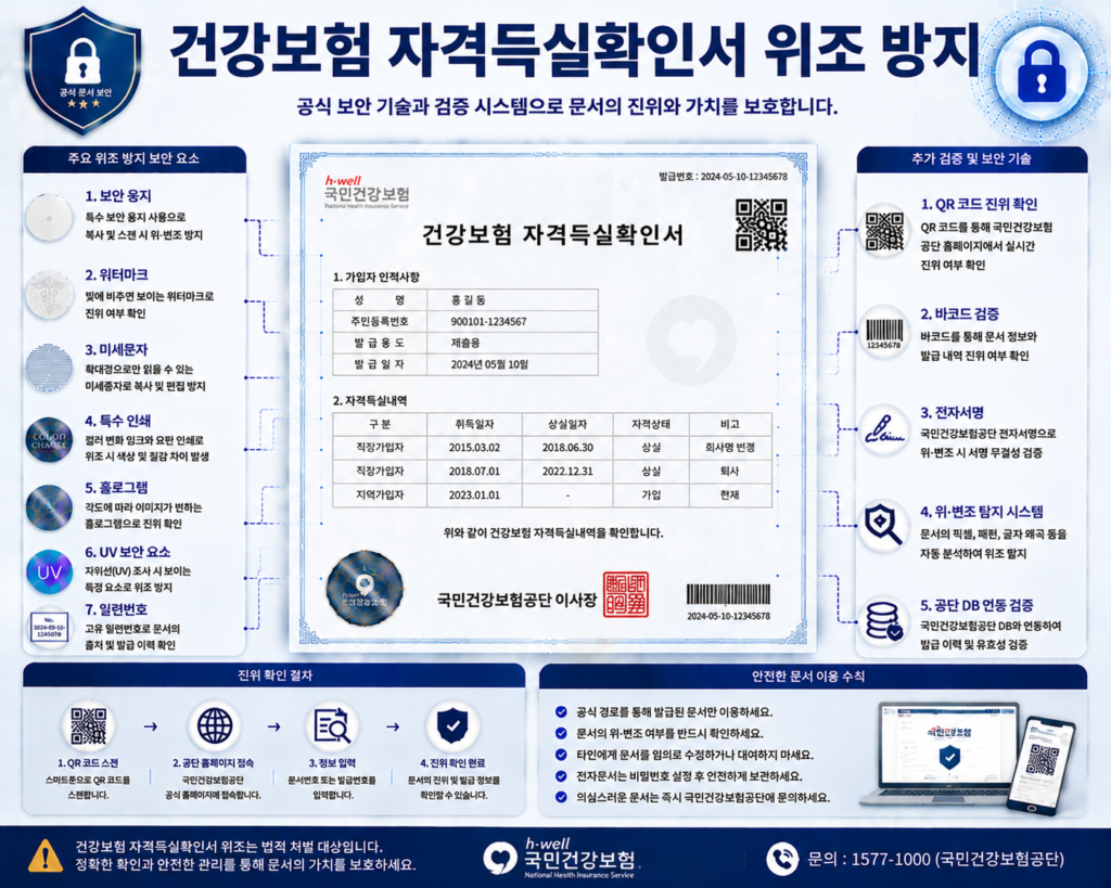 건강보험 자격득실확인서 위조 방지를 위한 QR코드 전자검증 워터마크 발급번호 문서보안 기술 인포그래픽 이미지