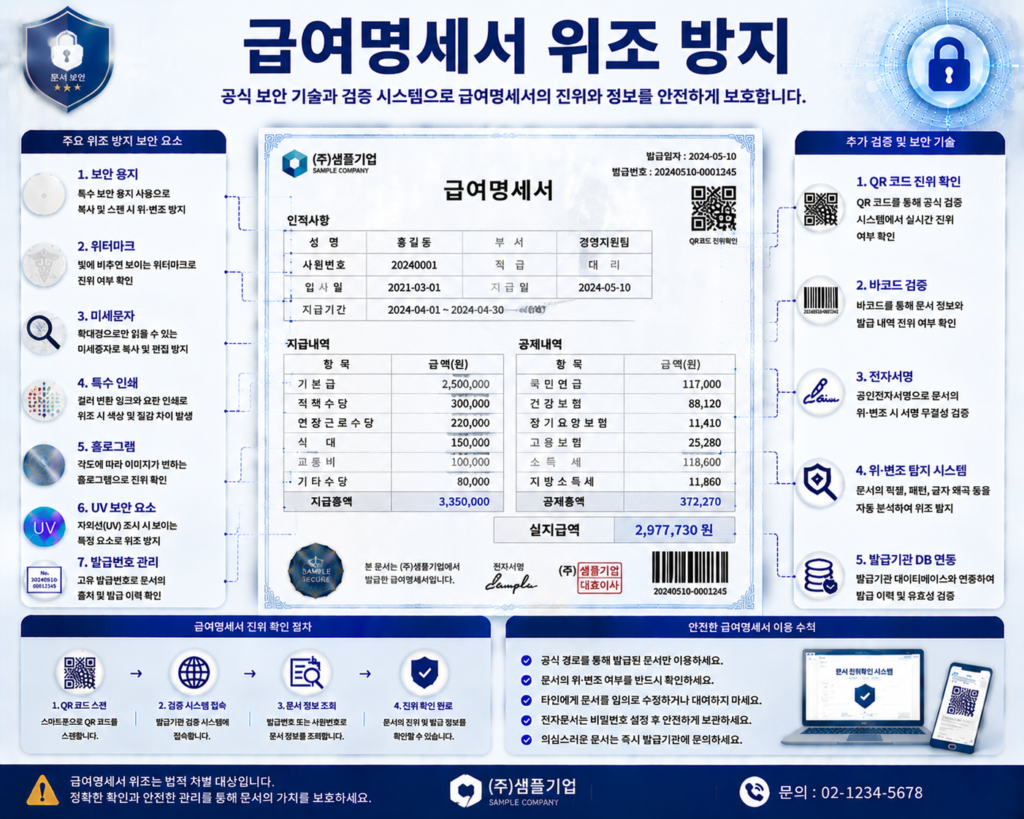 급여명세서 위조 방지를 위한 QR코드 전자검증 워터마크 발급번호 전자서명 문서보안 기술 인포그래픽 이미지