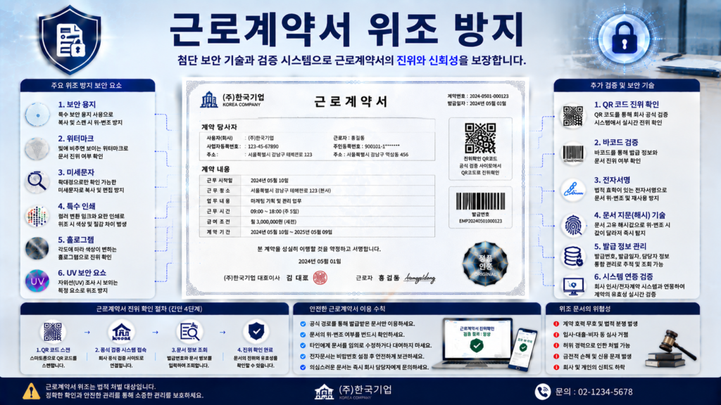 근로계약서 위조 방지를 위한 QR코드 전자검증 워터마크 전자서명 발급번호 문서보안 기술 인포그래픽 이미지