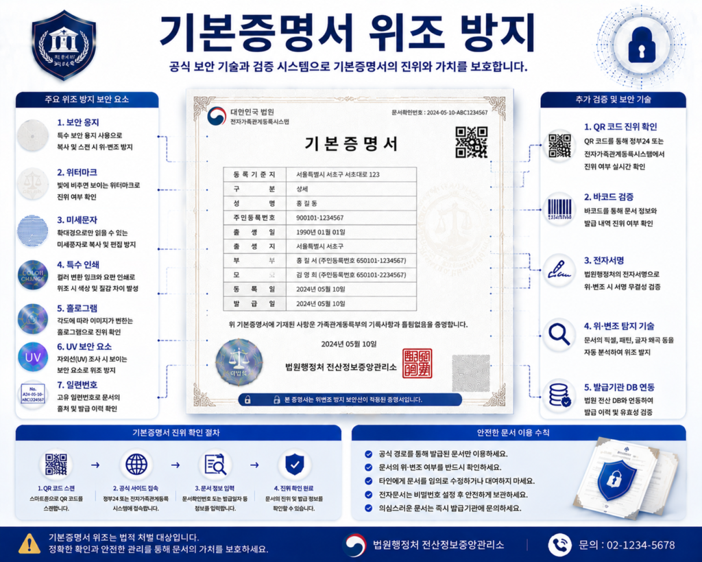 기본증명서 위조 방지를 위한 워터마크 QR코드 전자검증 보안용지 진위확인 기술 인포그래픽 이미지