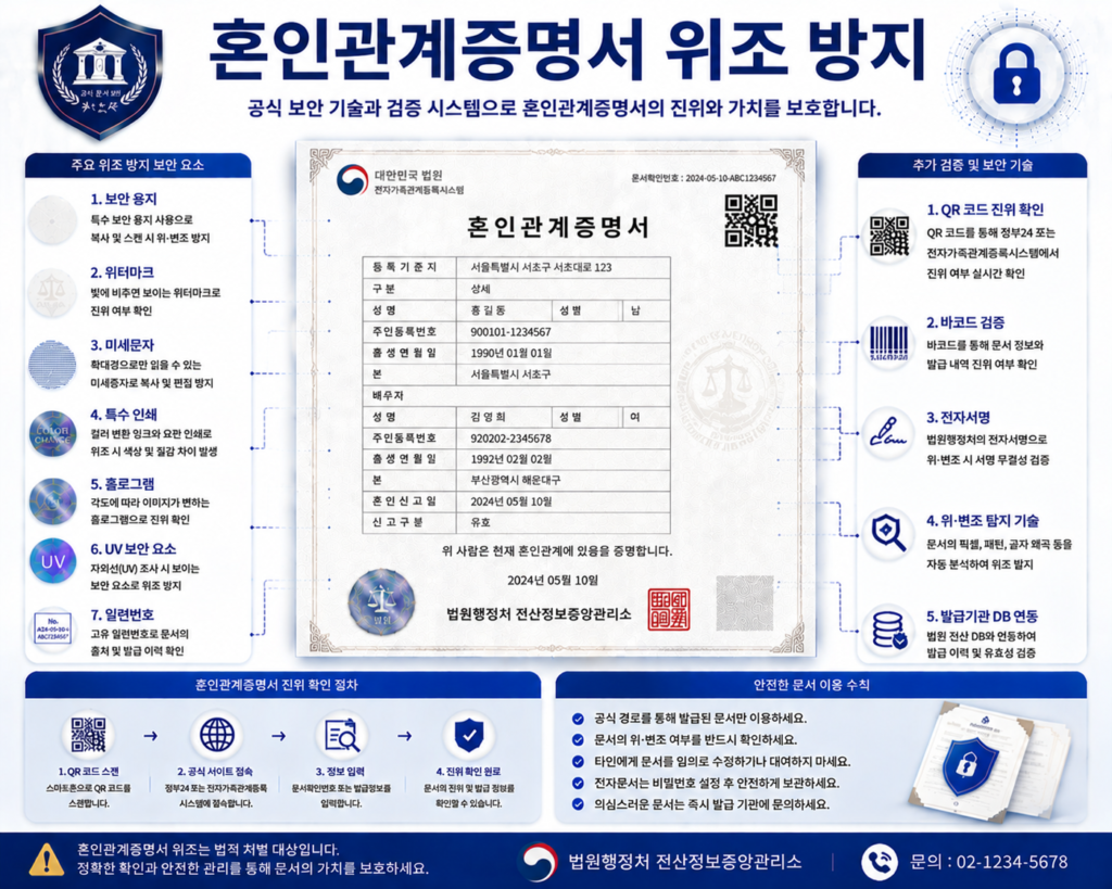 혼인관계증명서 위조 방지를 위한 워터마크 QR코드 전자검증 보안용지 진위확인 기술 인포그래픽 이미지