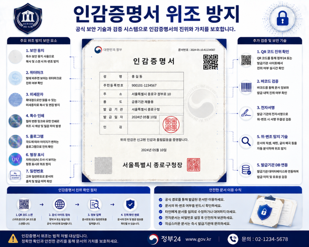 인감증명서 위조 방지를 위한 워터마크 QR코드 전자서명 보안용지 진위확인 기술 인포그래픽 이미지