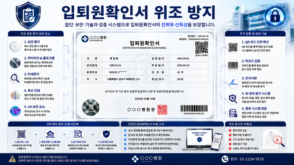 입퇴원확인서 위조 방지를 위한 QR코드 전자검증 워터마크 홀로그램 전자서명 병원 문서보안 기술 인포그래픽 이미지