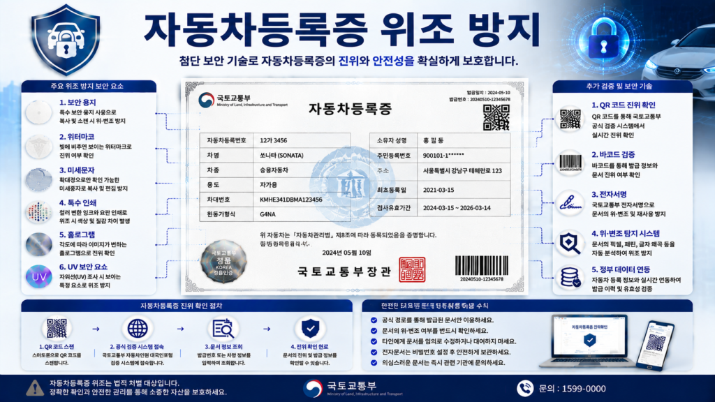 자동차등록증 위조 방지를 위한 QR코드 전자검증 워터마크 홀로그램 발급번호 문서보안 기술 인포그래픽 이미지