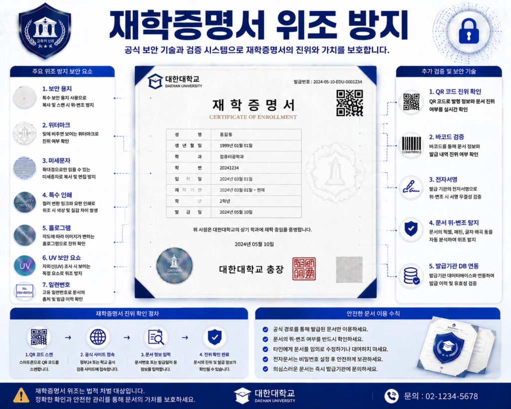 재학증명서 위조 방지를 위한 워터마크 QR코드 전자검증 보안용지 진위확인 기술 인포그래픽 이미지