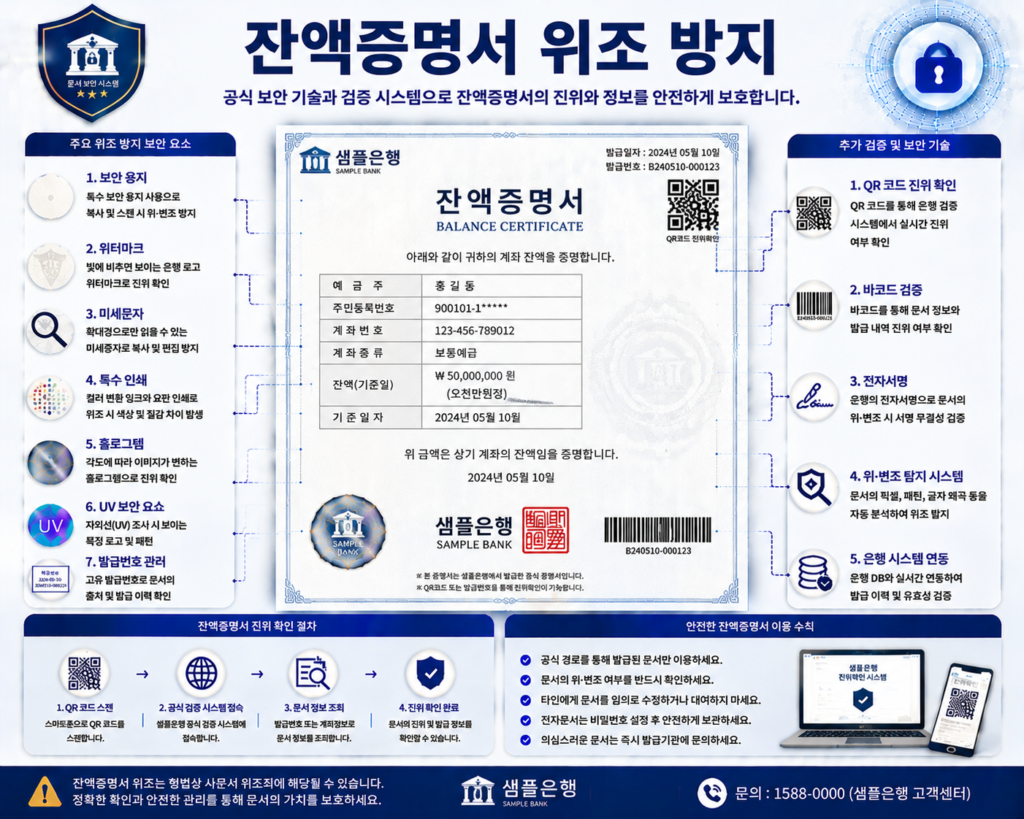 잔액증명서 위조 방지를 위한 QR코드 전자검증 워터마크 홀로그램 발급번호 금융문서 보안 기술 인포그래픽 이미지