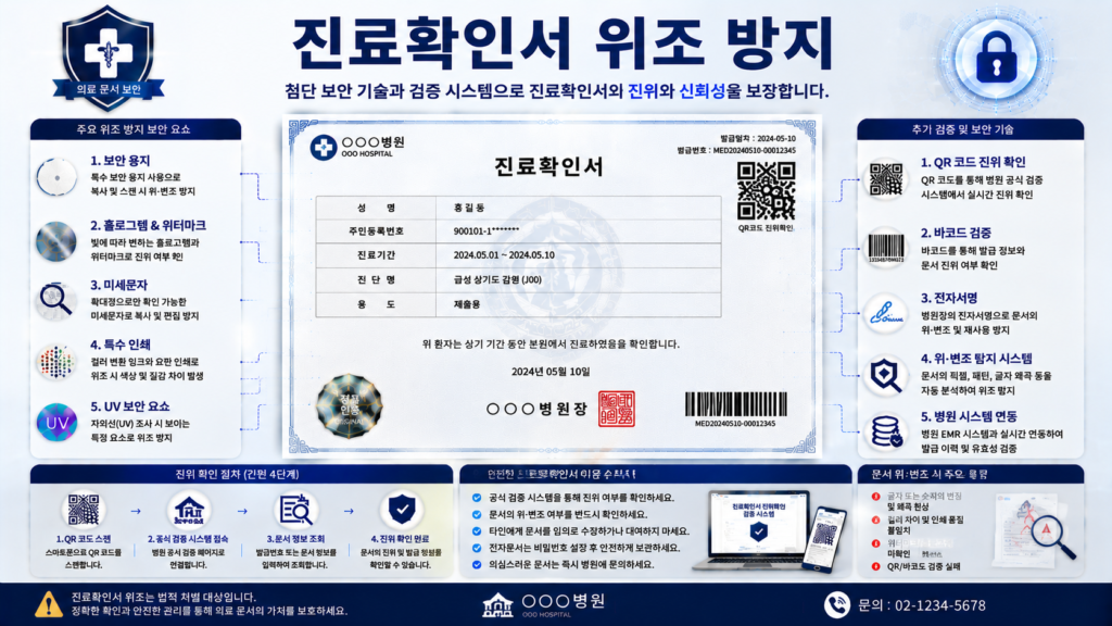 진료확인서 위조 방지를 위한 QR코드 전자검증 워터마크 홀로그램 전자서명 문서보안 기술 인포그래픽 이미지