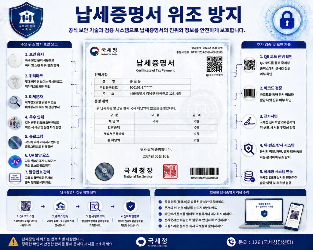 납세증명서 위조 방지를 위한 QR코드 전자검증 워터마크 발급번호 문서보안 기술 인포그래픽 이미지