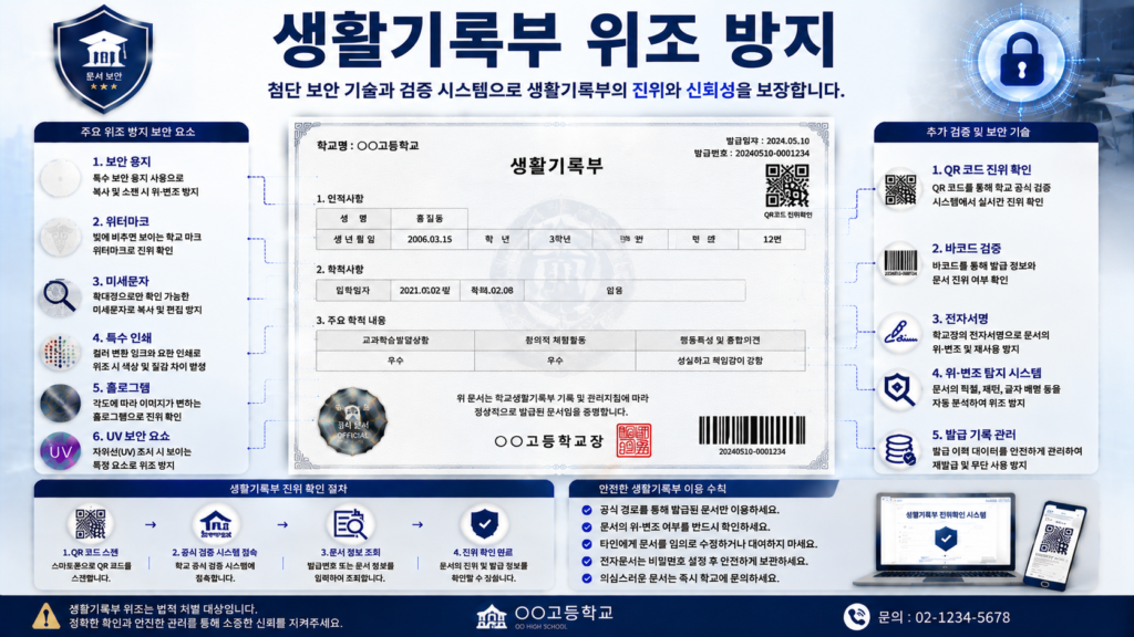 생활기록부 위조 방지를 위한 QR코드 전자검증 워터마크 홀로그램 전자서명 문서보안 기술 인포그래픽 이미지