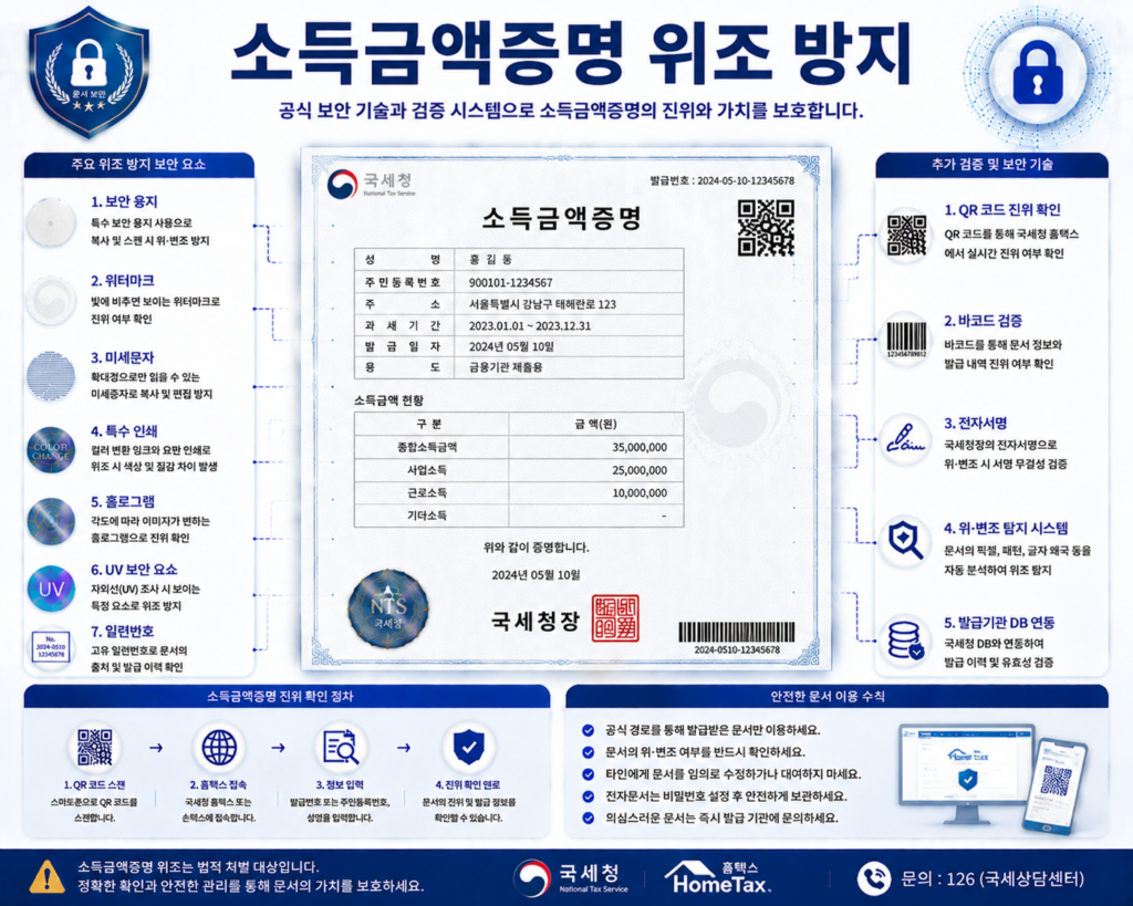 소득금액증명 위조 방지를 위한 QR코드 전자검증 워터마크 발급번호 보안 기술 인포그래픽 이미지