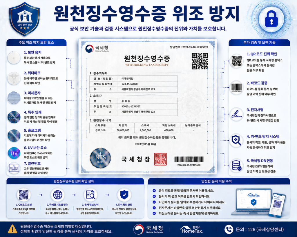 원천징수영수증 위조 방지를 위한 QR코드 전자검증 워터마크 발급번호 보안 기술 인포그래픽 이미지